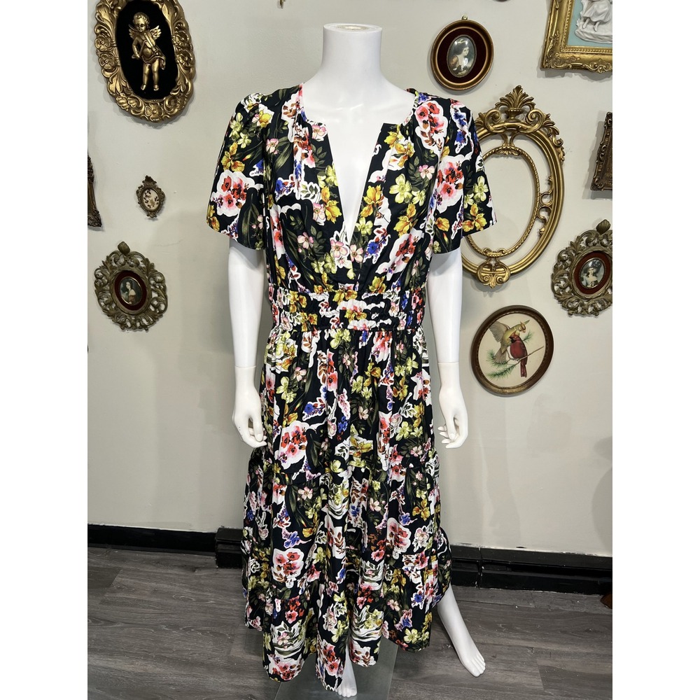 Anthropologie Black Multi Floral Print Short Sleeve Tiered Midi Dress Size Large